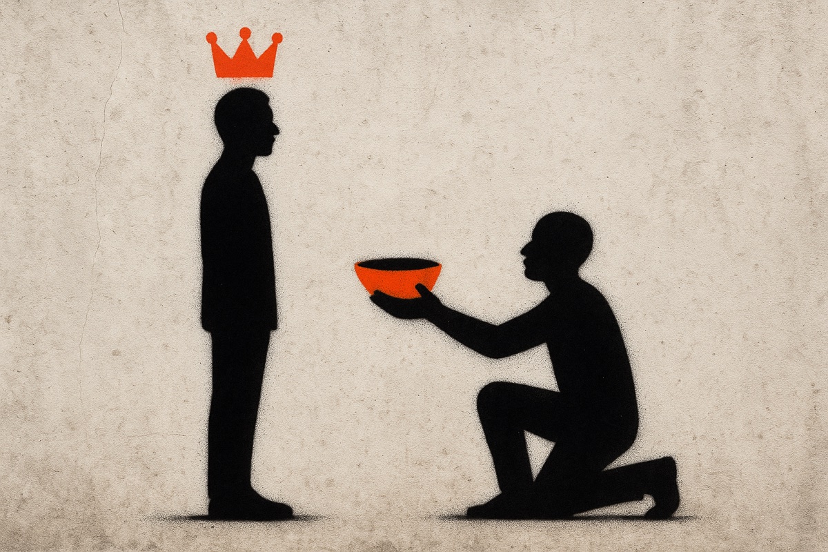 Illustration: two identical silhouette figures, one standing and crowned, one kneeling and offering a bowl up to the other