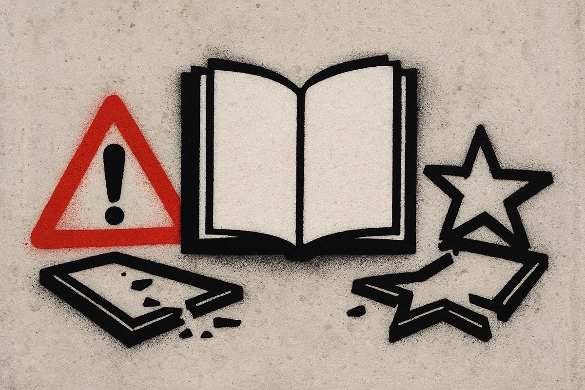 Illustration: an open blank book flanked by a shattered warning sign and a shattered star