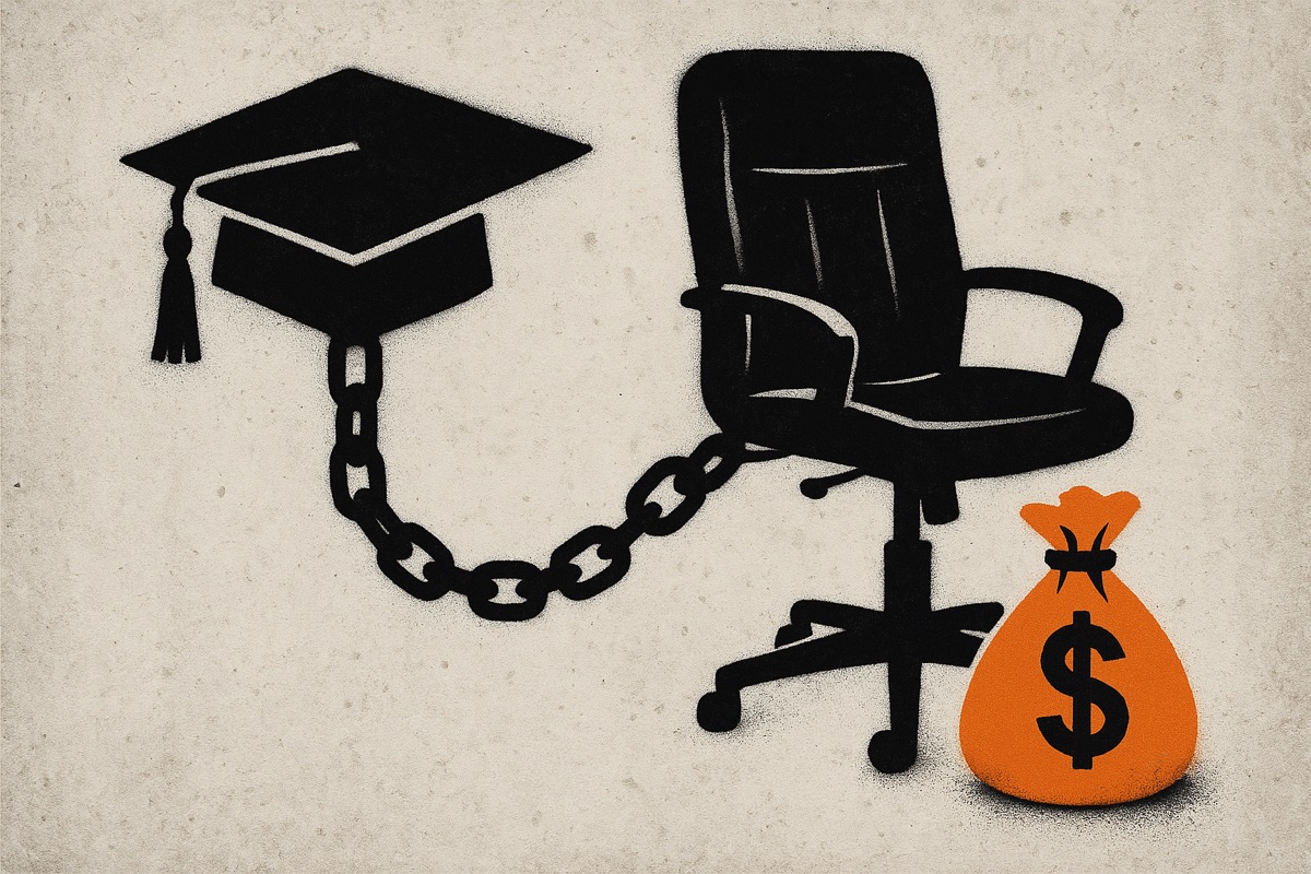 Illustration: a graduation cap chained to a boardroom office chair beside a bag of venture capital money