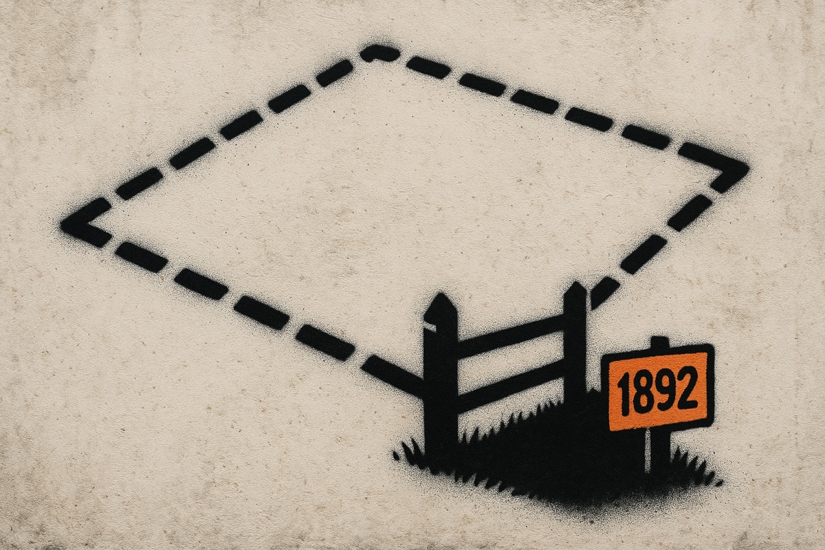 Illustration: a large dashed field outline with only a small corner actually fenced, marked 1892