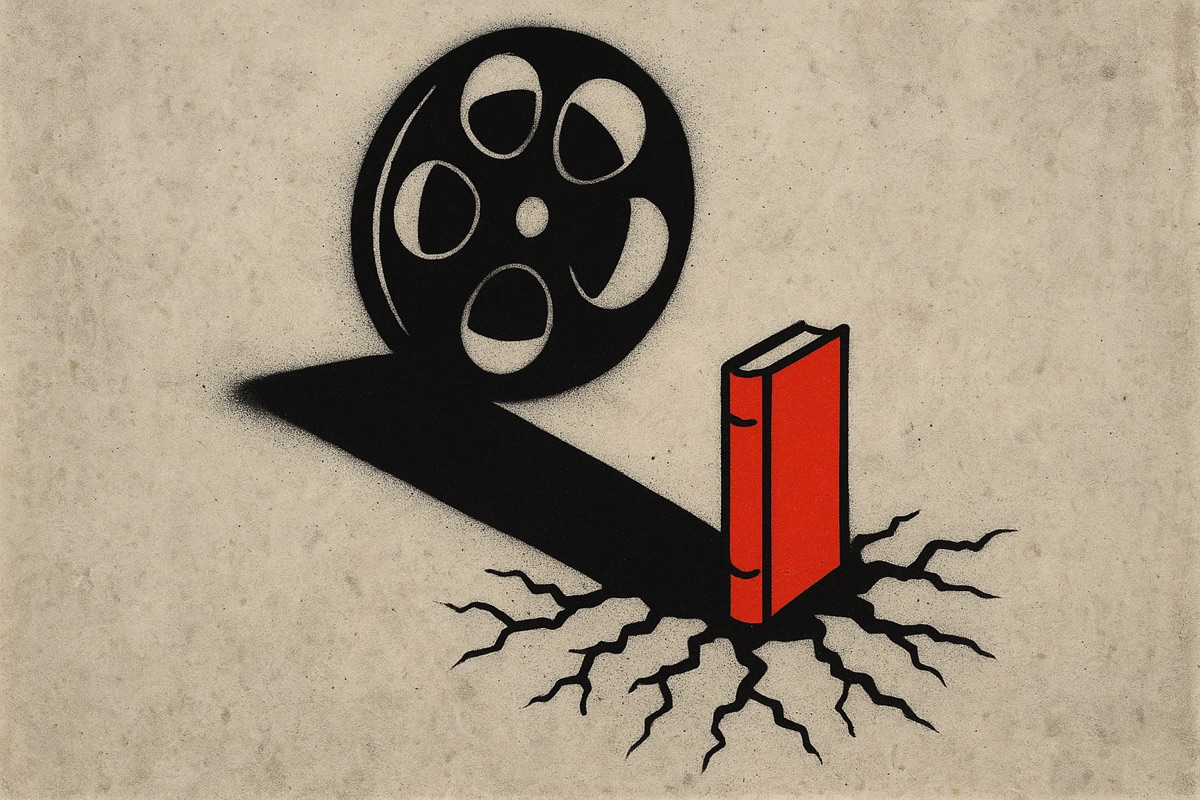 Illustration: a slim red book rooted in cracked dry earth, overshadowed by a giant film reel