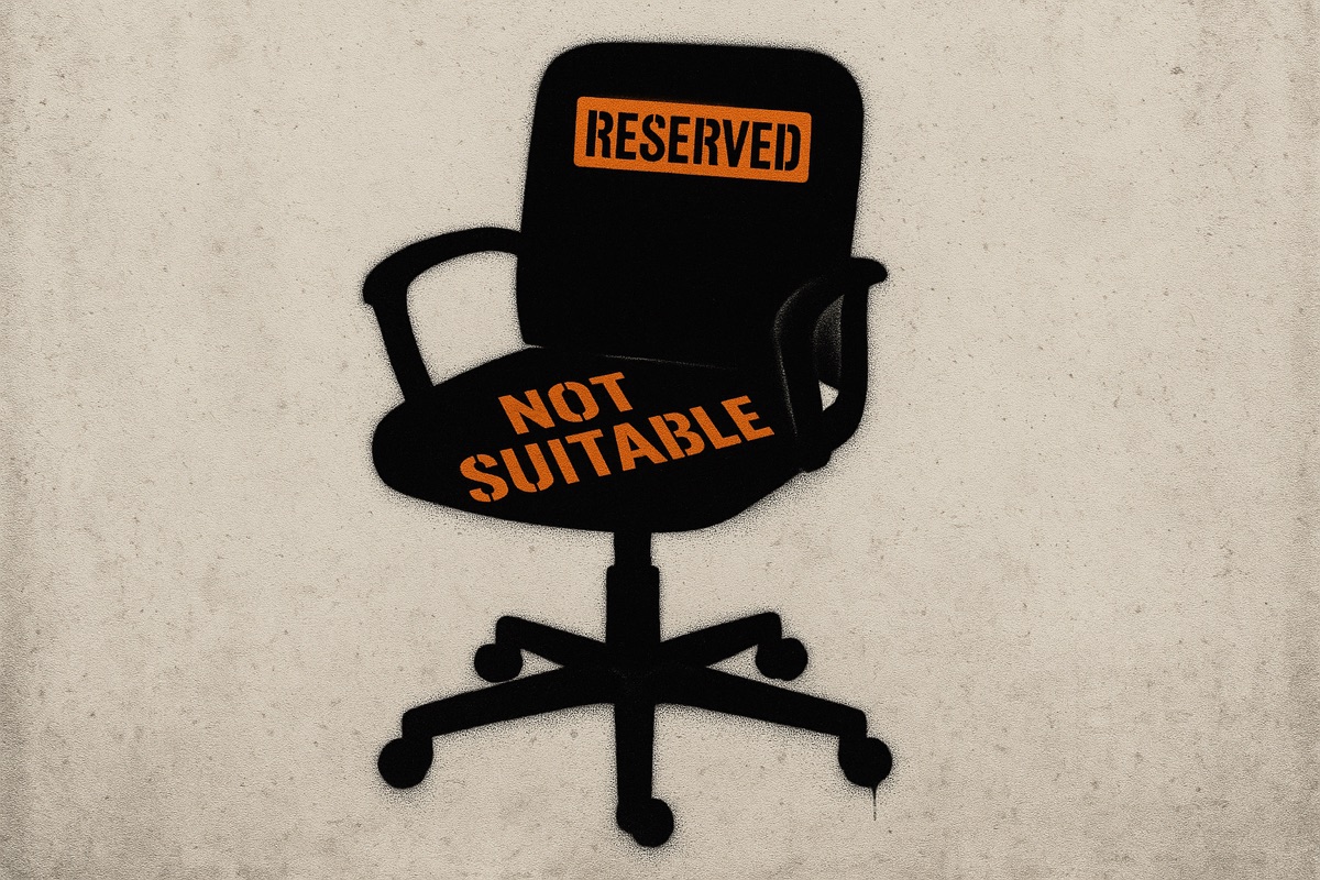 Illustration: an empty office chair stamped RESERVED on the back and NOT SUITABLE across the seat