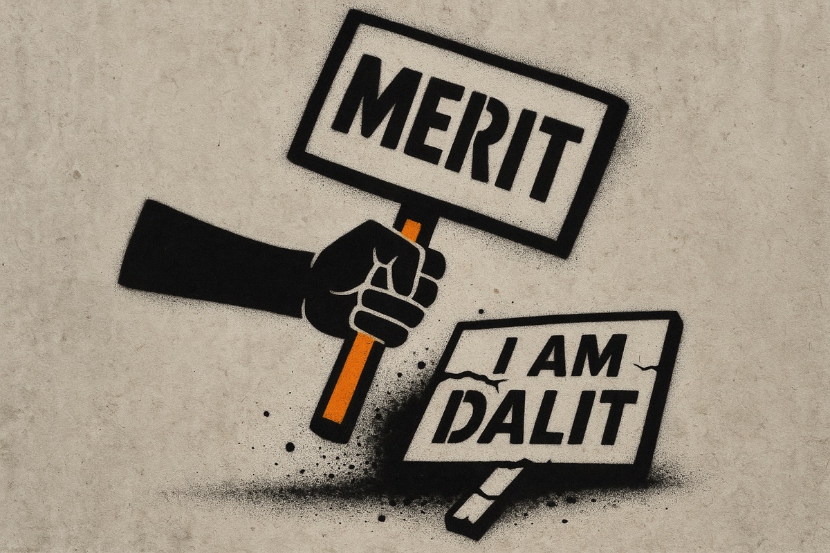 Illustration: a fist holding a MERIT placard, smashed down onto a broken sign reading I AM DALIT