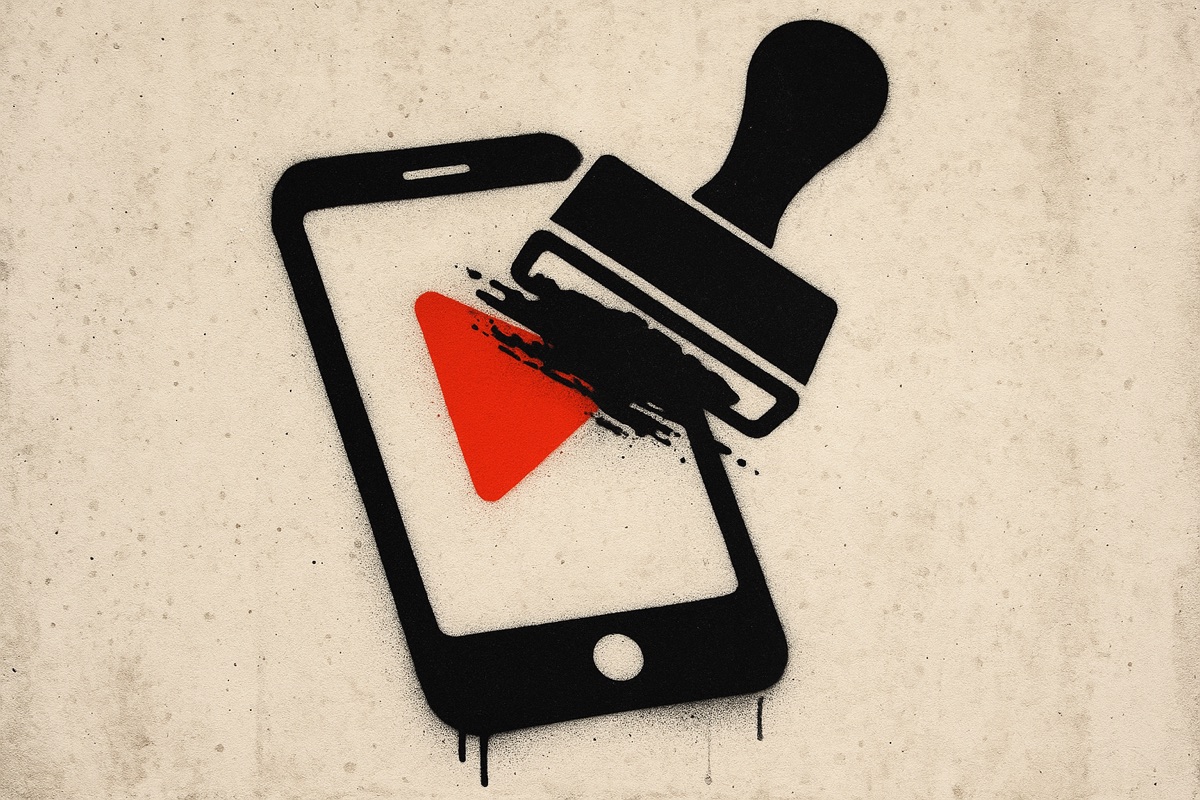 Illustration: an official stamp descending onto a phone screen, smearing out a video's play button