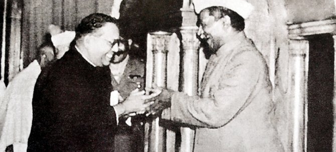 B.R. Ambedkar, chairman of the Drafting Committee, presenting the final draft of the Constitution of India to Dr. Rajendra Prasad, 25 November 1949